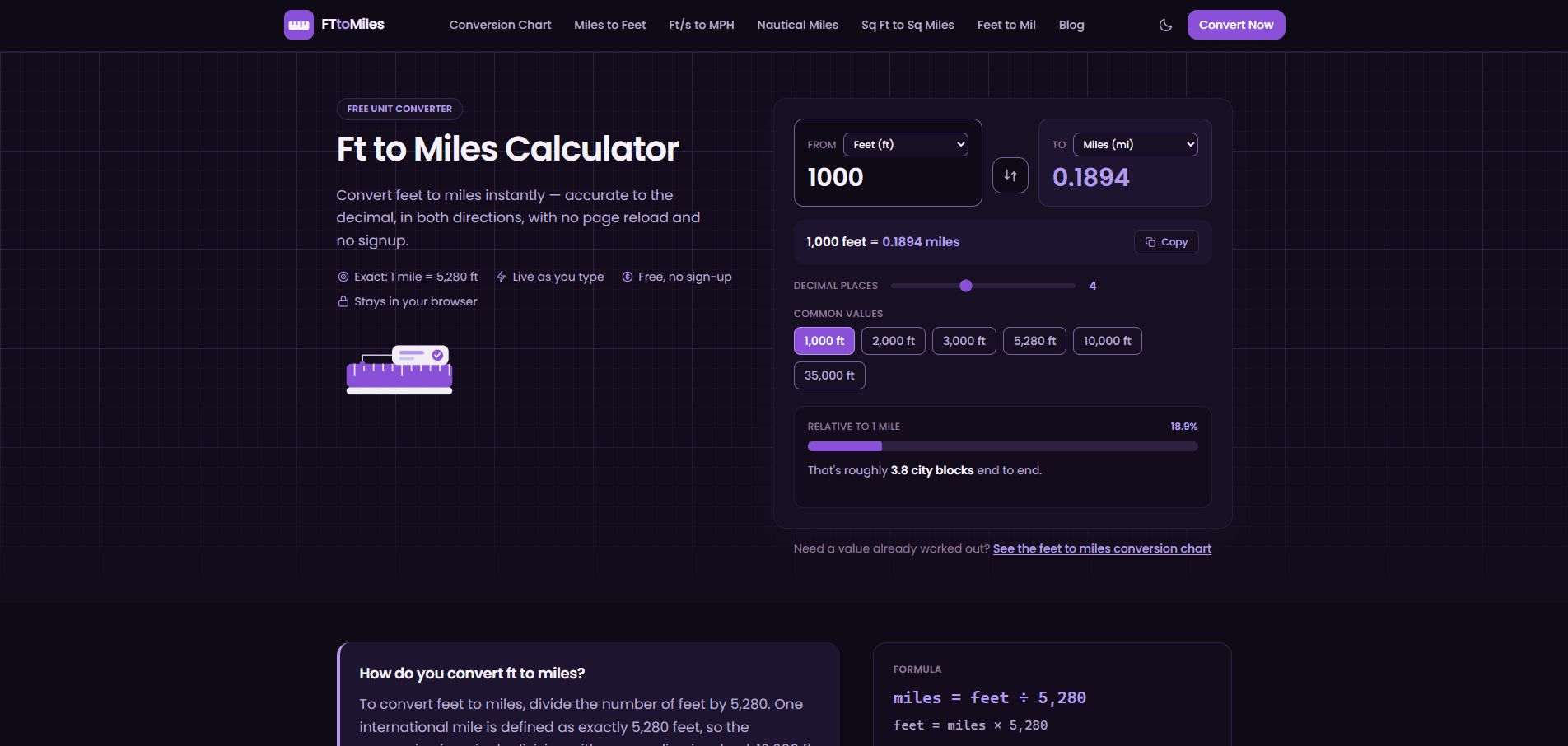 Ft to Miles Calculator | Convert Feet to screenshot 1