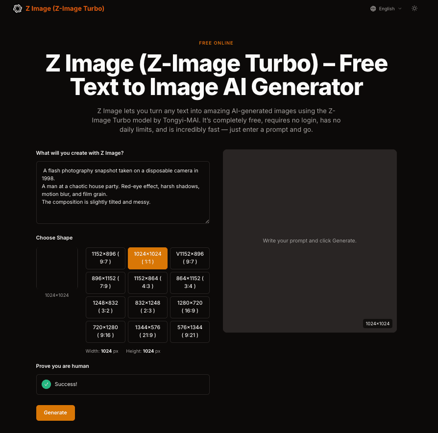 Z Image — Z-Image Turbo (Tongyi-MAI) Free AI Image Generator screenshot 1