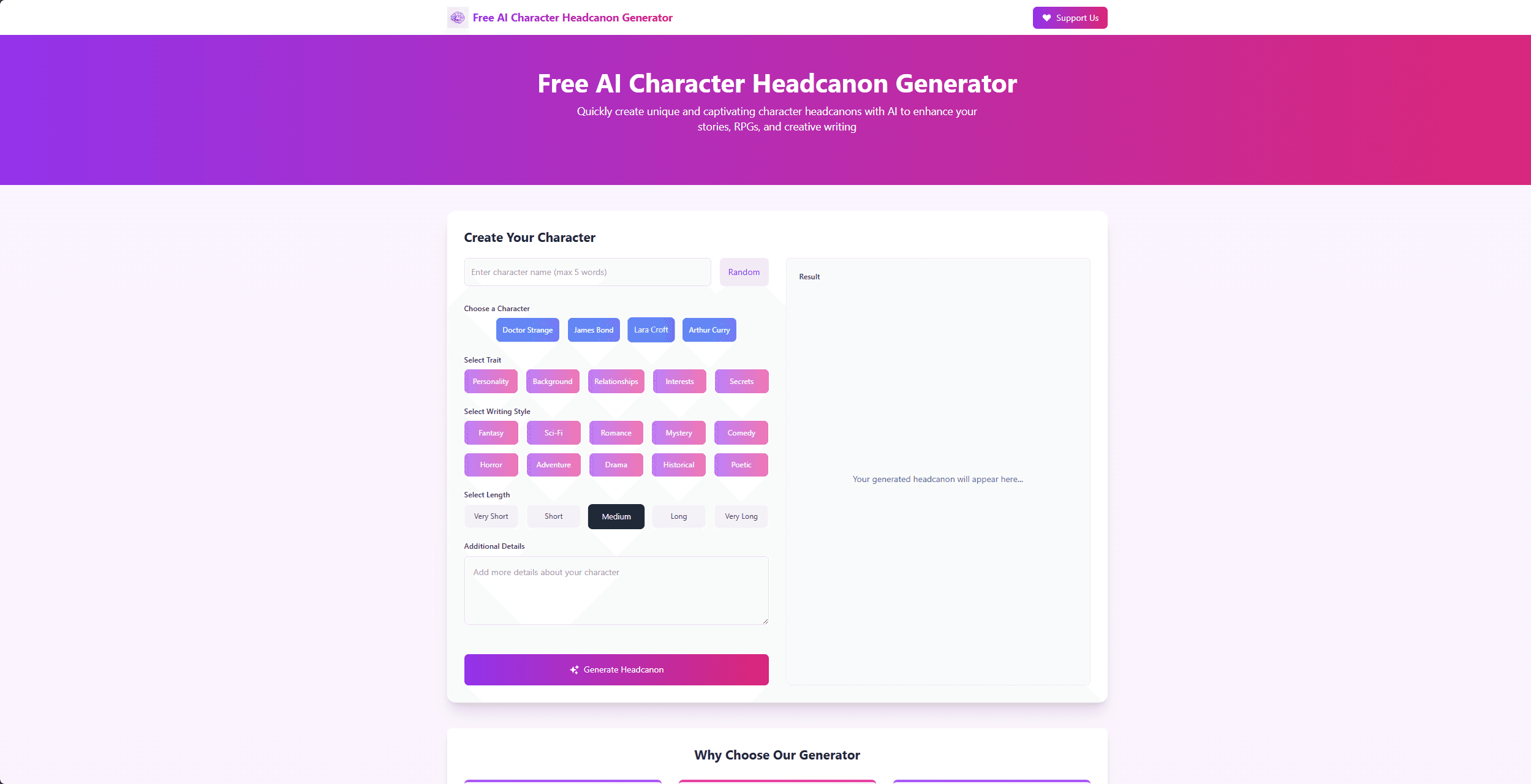 Free AI Character Headcanon Generator screenshot 1