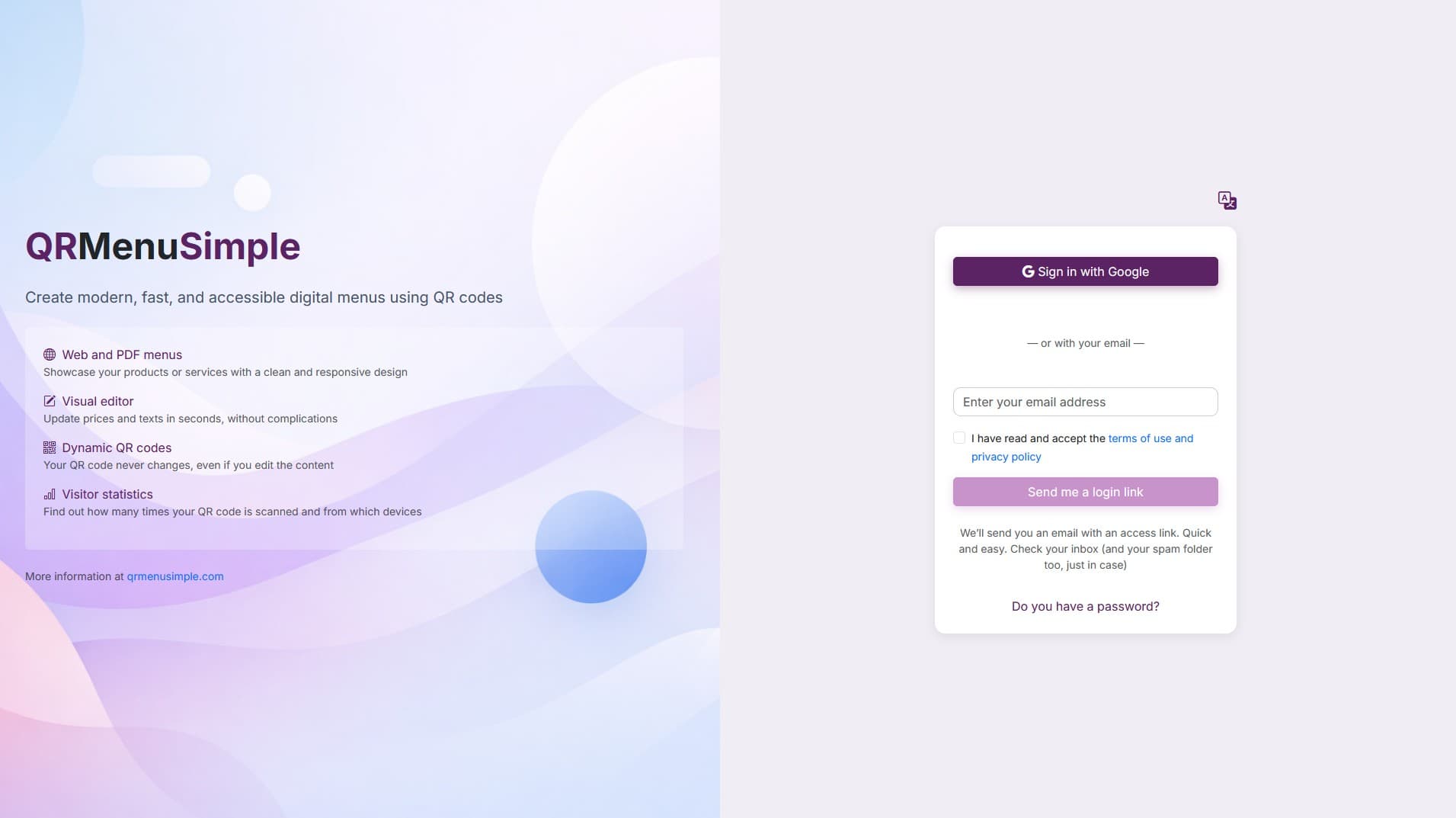 QRMenuSimple screenshot 1