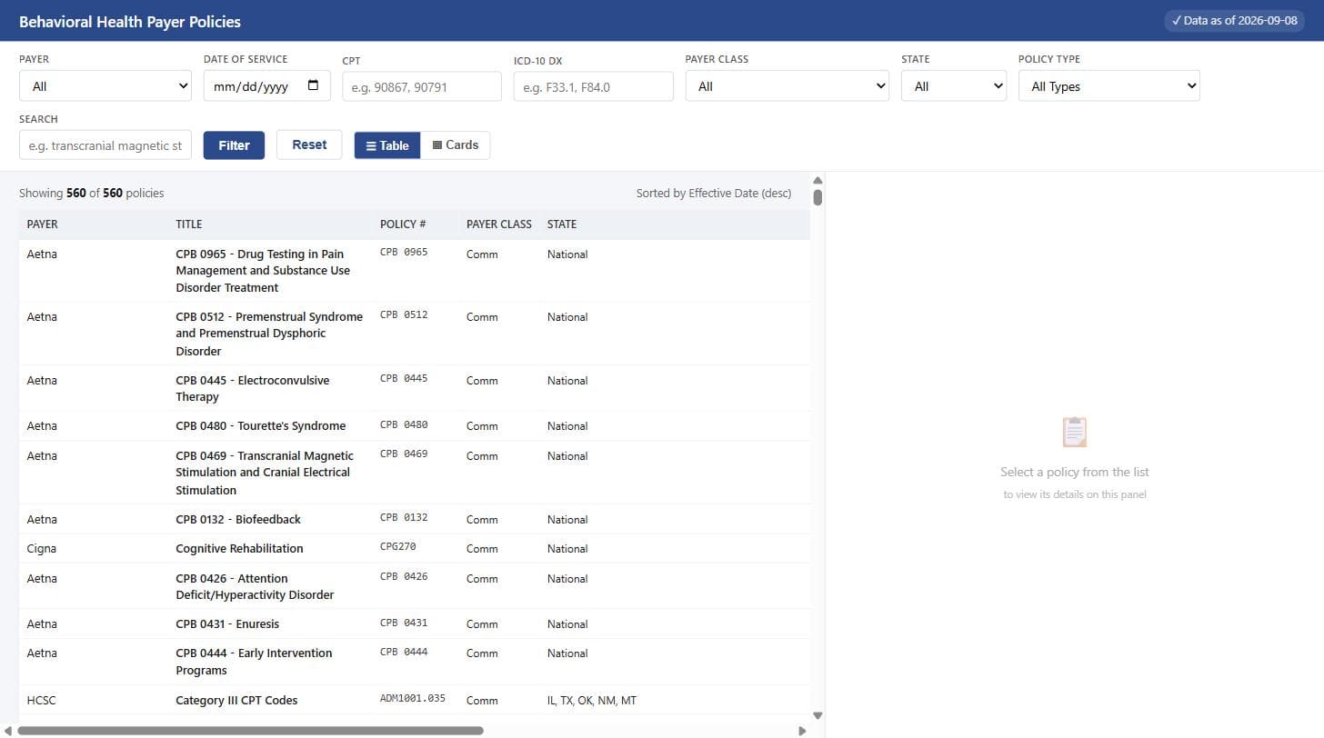 Behavioral Health Payer Policies Tool screenshot 1