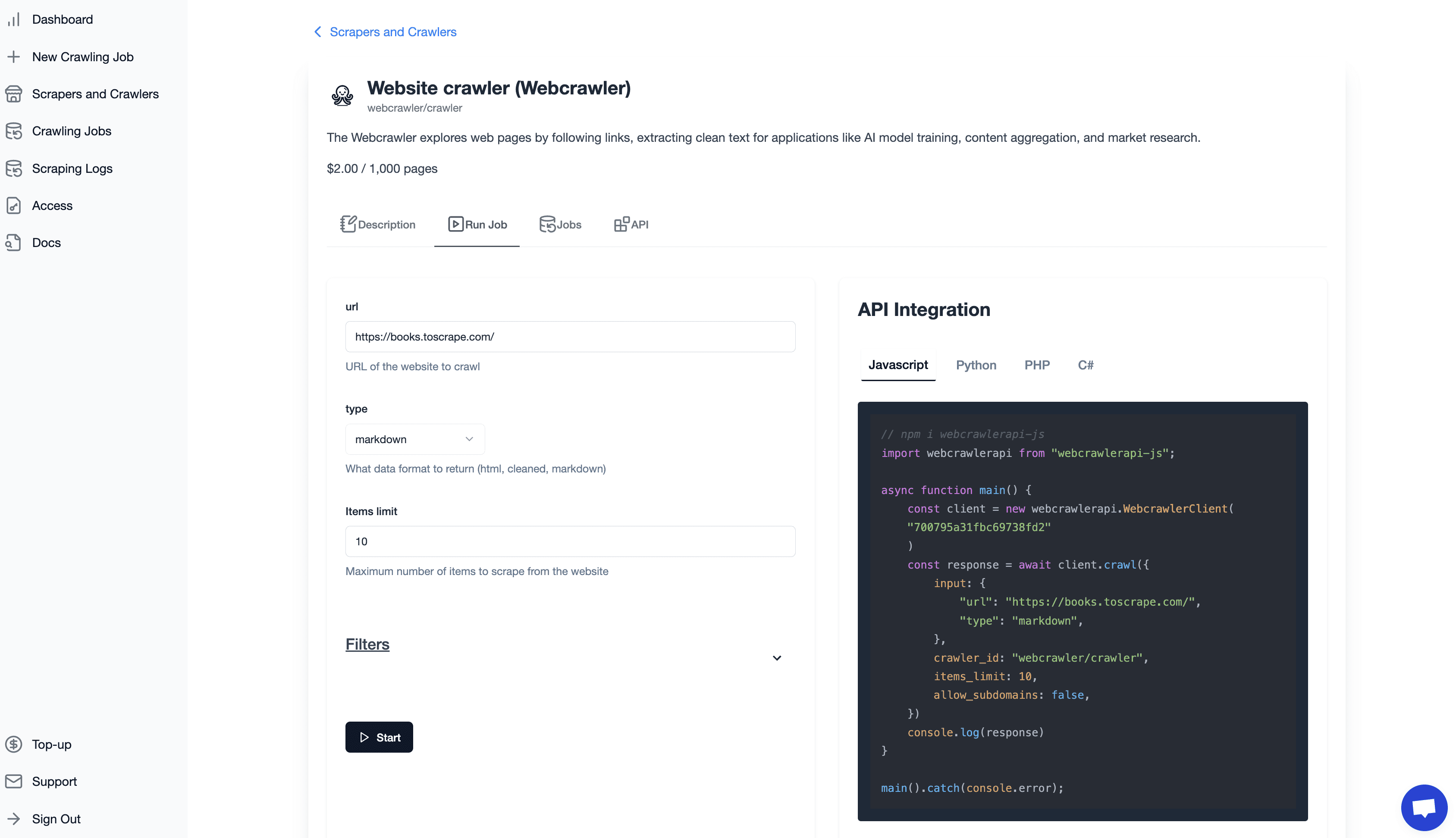 WebCrawler API screenshot 1