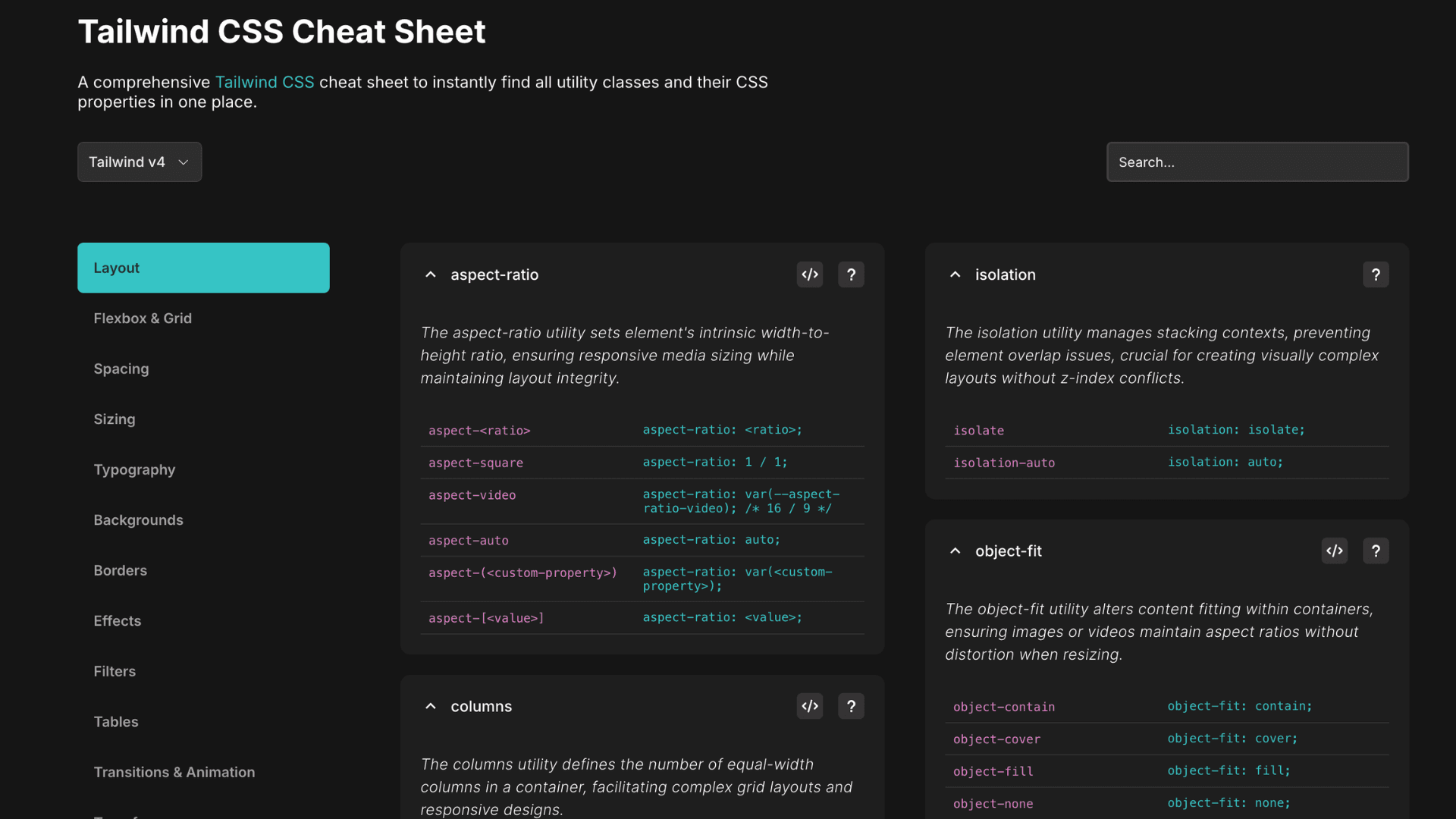 Tailwind CSS Cheat Sheet screenshot 1