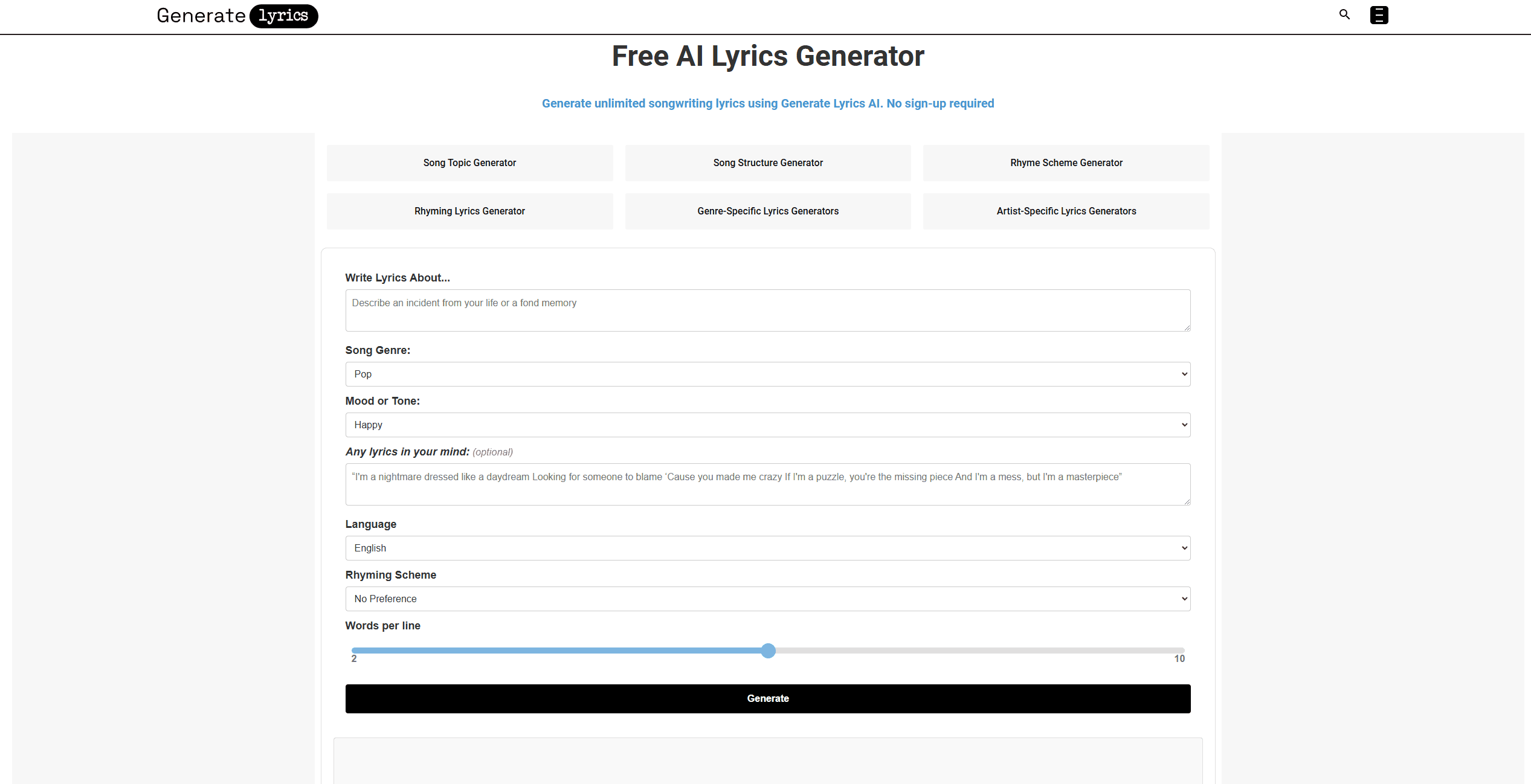 GenerateLyrics screenshot 1